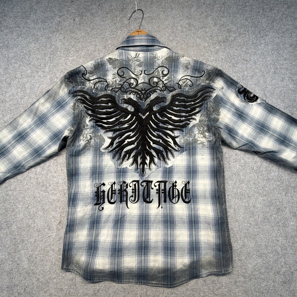 Roar Signature Button Down Shirt Men's Large Blue Embroidered Tribal Graphic Y2K